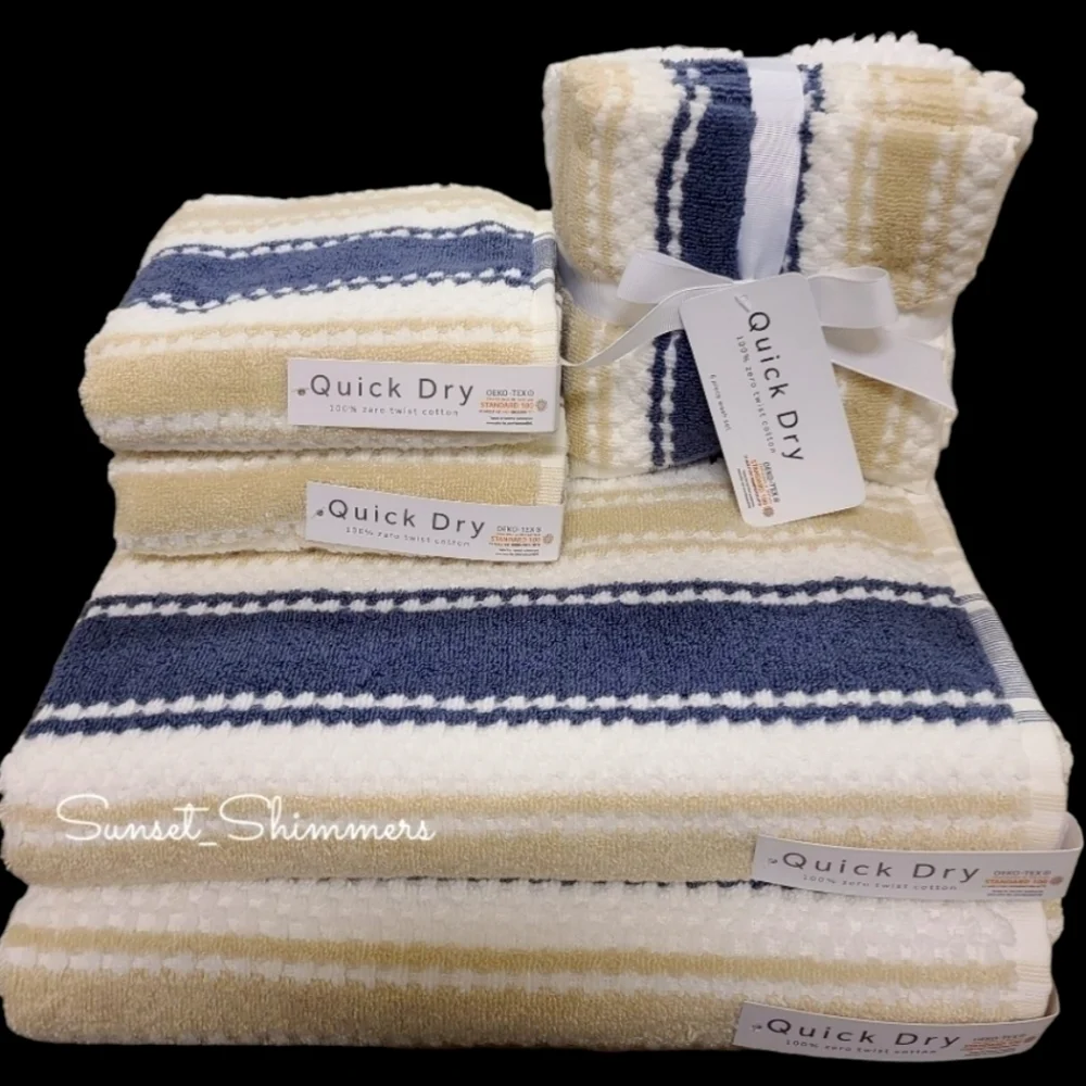 10pc Quick Dry Tan Navy 100% Zero Twist Cotton Bath Hand Washcloth Towel Set